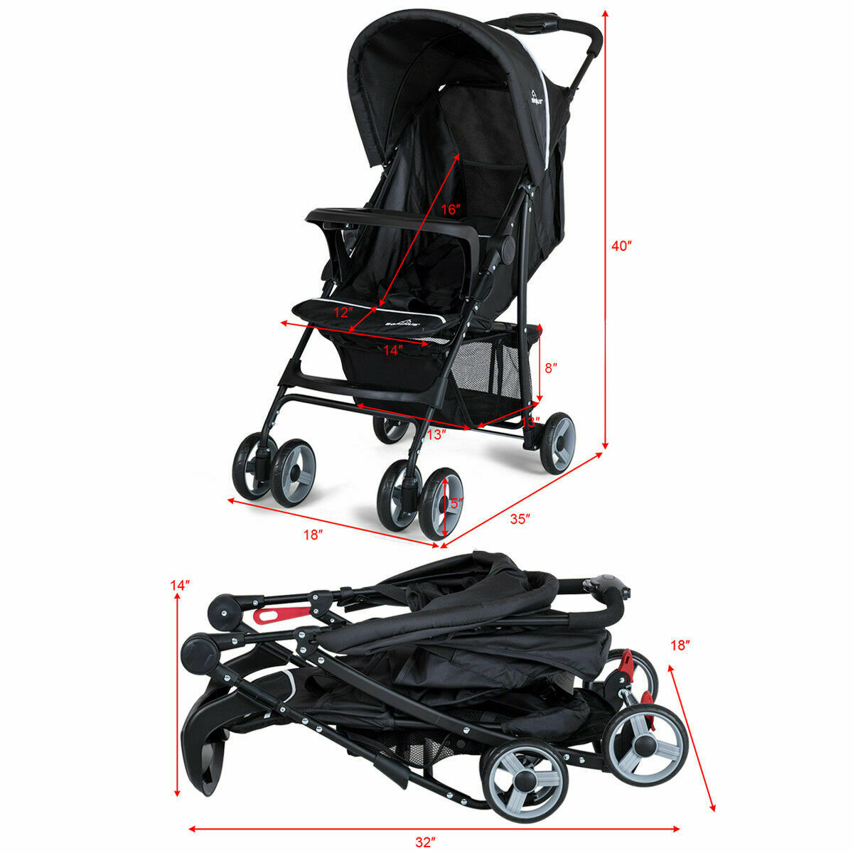 Foldable Lightweight Baby Stroller with 5-Point Safety System