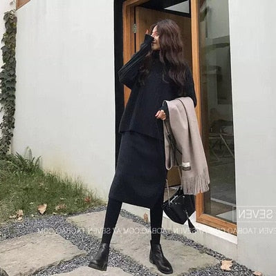 Meg Maternity Mock Neck Dress and V-Neck Sweater Set - Plus Sizes Available