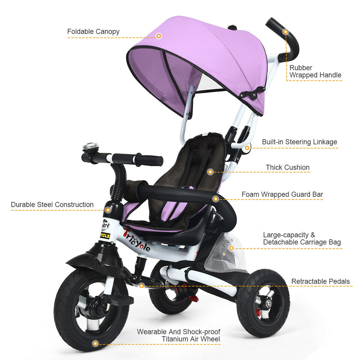 6-In-1 Kids Baby Stroller Tricycle Bike w/ Canopy Cover