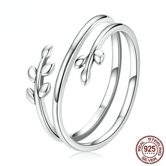 Olive Leaf Branch Sterling Silver Ring - Adjustable Open Size