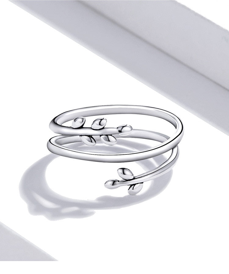 Olive Leaf Branch Sterling Silver Ring - Adjustable Open Size