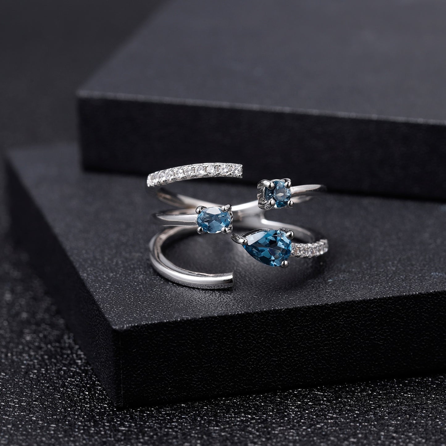 The Annabelle Ring - Adjustable Open Natural London Blue Topaz Ring in 925 Sterling Silver