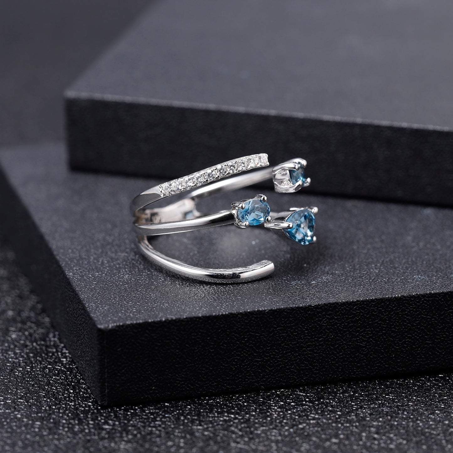 The Annabelle Ring - Adjustable Open Natural London Blue Topaz Ring in 925 Sterling Silver