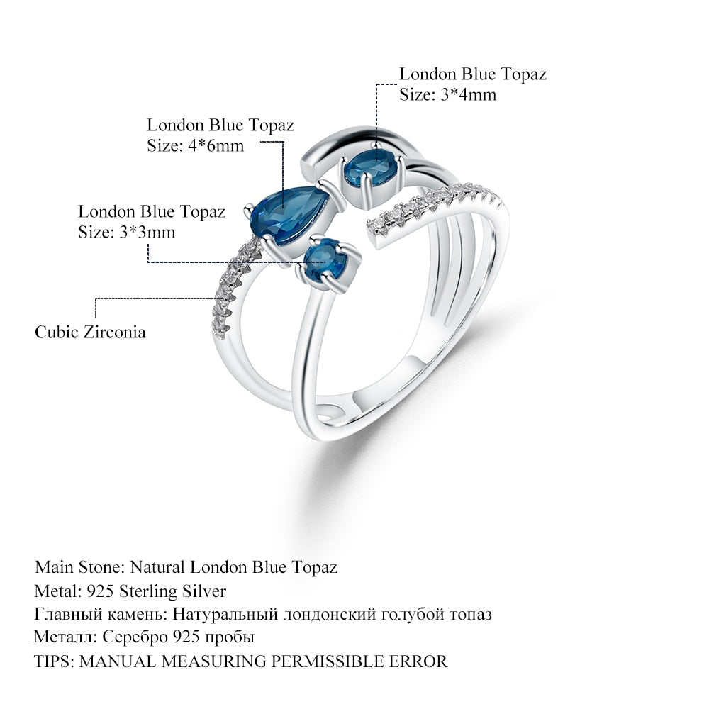 The Annabelle Ring - Adjustable Open Natural London Blue Topaz Ring in 925 Sterling Silver