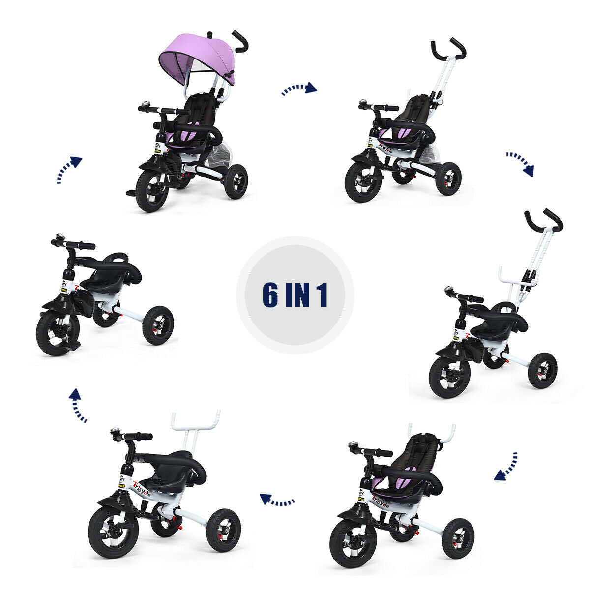6-In-1 Kids Baby Stroller Tricycle Bike w/ Canopy Cover