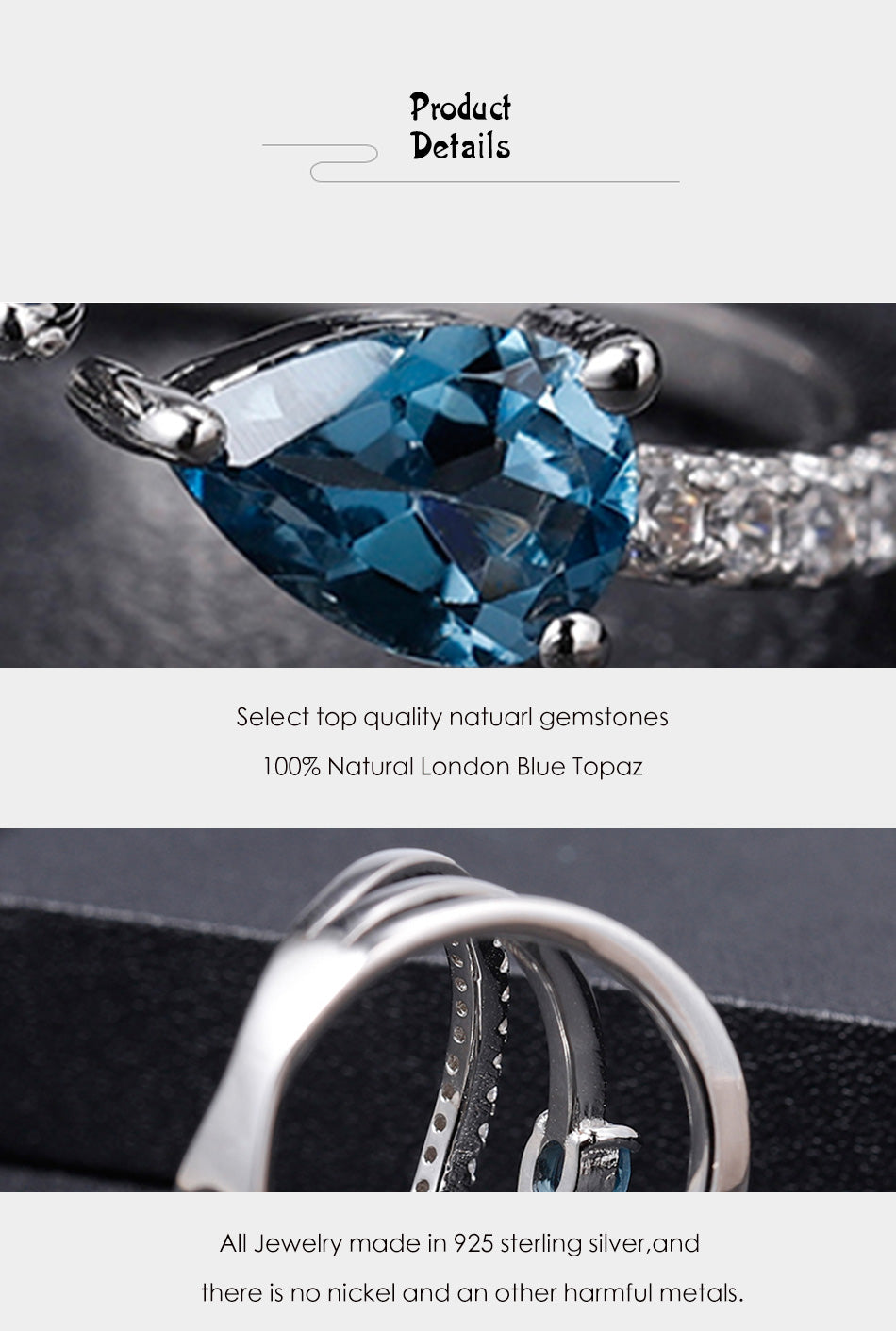 The Annabelle Ring - Adjustable Open Natural London Blue Topaz Ring in 925 Sterling Silver